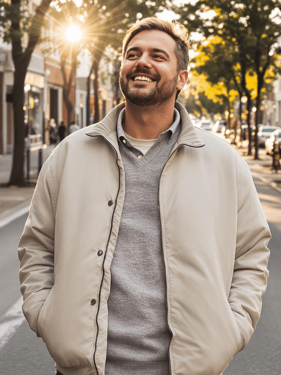 A candid image of a person in their mid-30s standing on a quiet city street in the golden afternoon light, wearing a light jacket and casual clothes. They’re pausing mid-step with a soft, determined smile and eyes looking ahead, as if seeing their future unfold. A tote bag rests on their shoulder, and a breeze gently lifts their hair. Background of tree-lined streets and warm storefronts slightly blurred to keep focus on their calm yet energized expression. The mood suggests fresh beginnings, courage, and the first step of a meaningful journey.