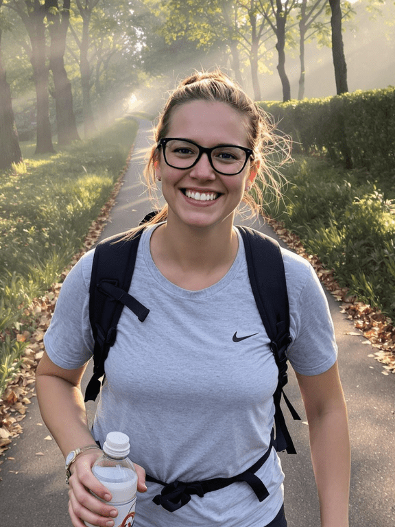 A candid image of a person walking briskly along a tree-lined trail in the early morning, wearing casual activewear and carrying a reusable water bottle. Their face is softly lit with a healthy glow, showing a subtle, content smile and clear, bright eyes full of energy. A light mist hangs in the background, and sunlight filters through the trees, creating a sense of freshness and renewal. The mood is calm yet invigorating, embodying balance and the quiet power of daily physical consistency.