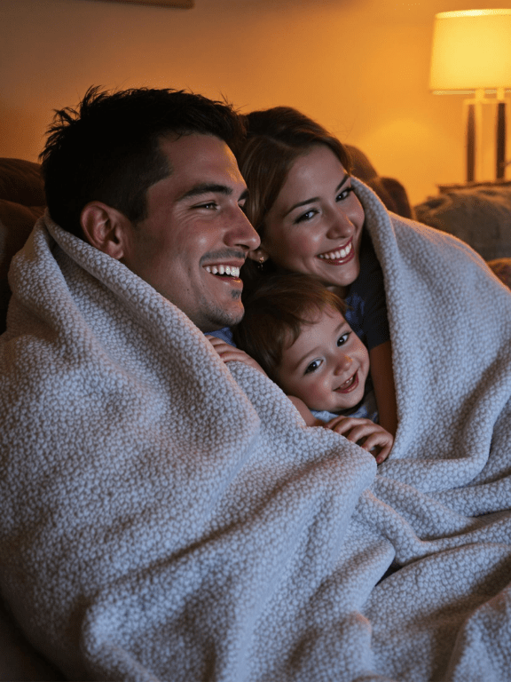 A young family sitting together on a cozy living room couch in the evening, wrapped in a soft blanket. A parent has their arm around their partner, and a small child rests their head on the parent’s shoulder. The family shares a quiet laugh as they watch 
